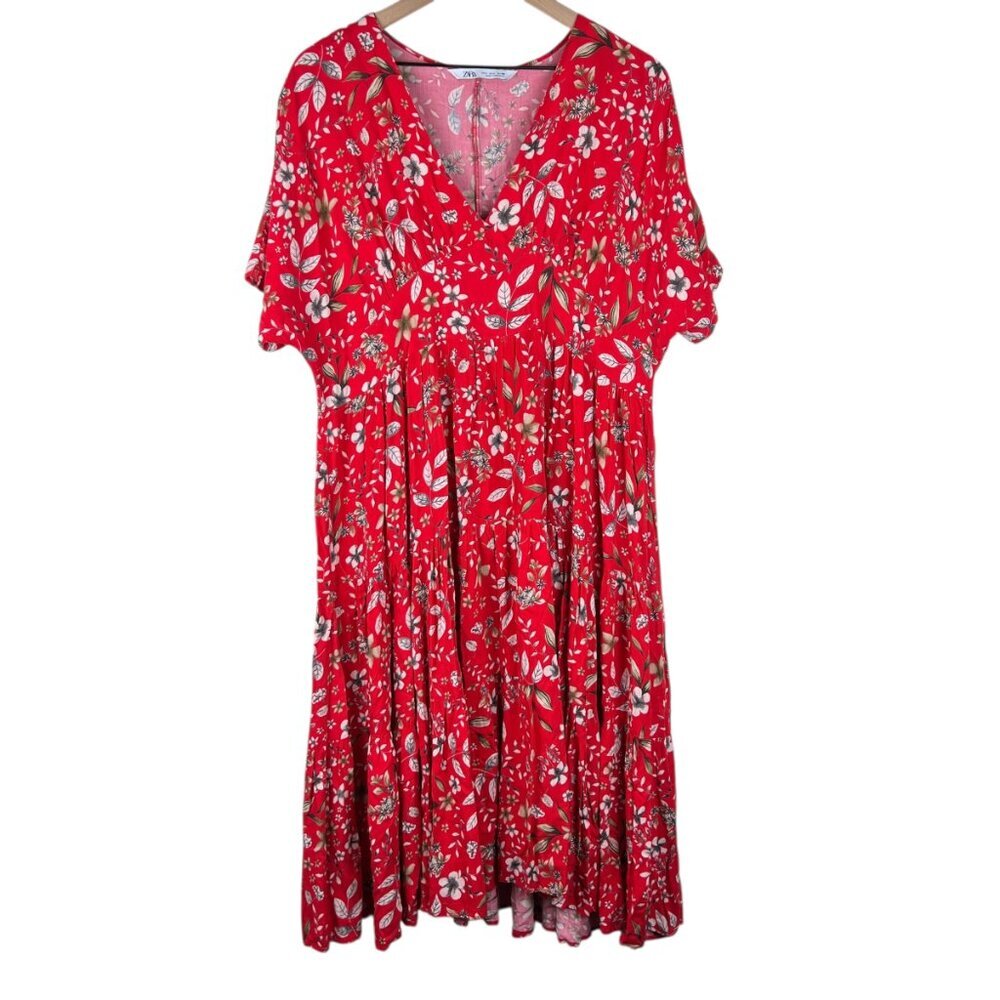 Zara Red Floral Printed Short Sleeve V-Neck Midi Dress